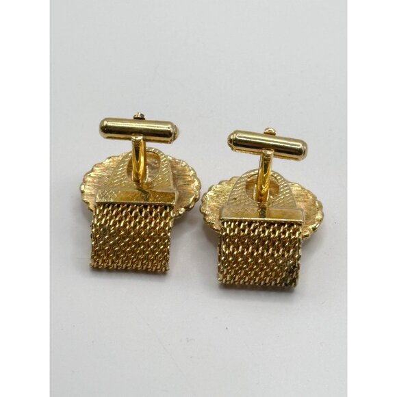 Vintage, Iridescent Glass, Wrap Around Cuff Links, Mesh, Gold Tone - Picture 4 of 5